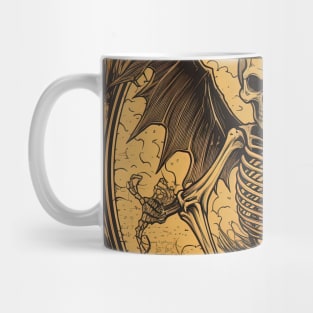 scary skeleton with wings standing on top of the pumpkin, halloween design Mug